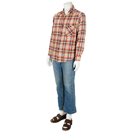 INHERENT VICE - Larry “Doc” Sportello (Joaquin Phoenix) Blue Jeans, Orange Flannel, and Brown Sandal