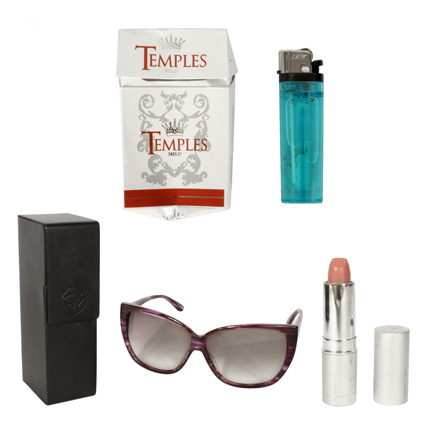 DRIVE Blanche (Christina Hendricks)  sunglasses, lipstick, cigarette pack, and lighter