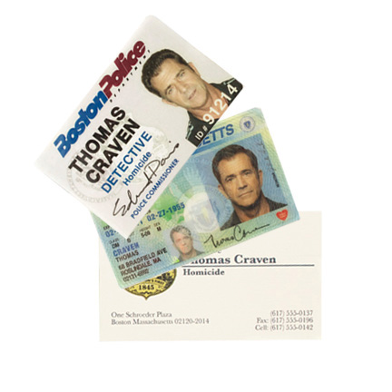 EDGE OF DARKNESS - Thomas Craven (Mel Gibson) Boston PD detective ID, business card, and MA Driver's